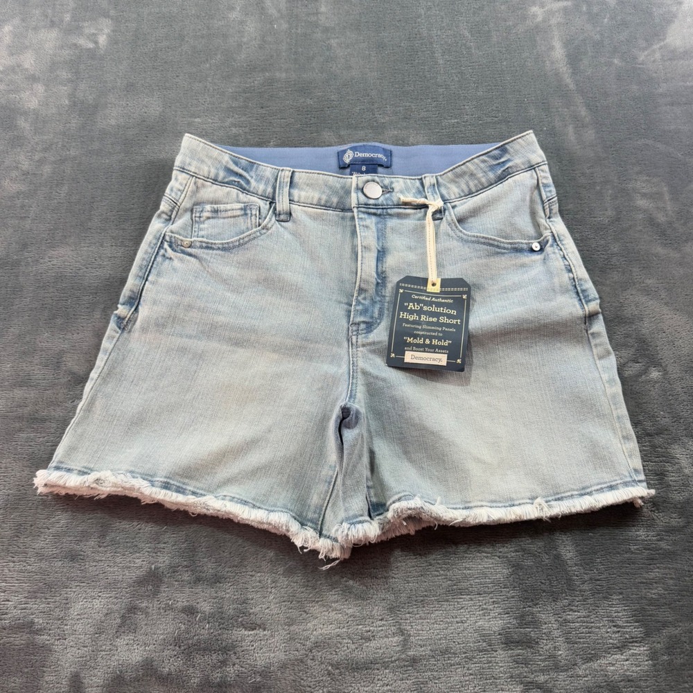 Democracy Absolution High Rise Denim Shorts Light Wash Frayed Hem Size 8